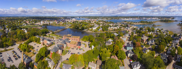 Portsmouth historic city center and Waterfront of Piscataqua River panorama aerial view, New Hampshire, NH, USA.