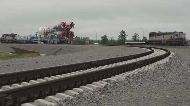 View of the Russian space rocket "Soyuz PG" at the spaceport east. Preparing the rocket for launch.