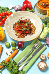 Lenten dish, restaurant serving, composition of a dish on a plate and raw vegetarian cuisine. Top view.