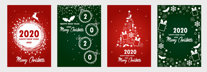 2020 new year and christmas. Set of greeting card templates, flyers, banners. Vector illustration. © sweet kiwi