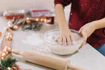 Female hands kneading gingerbread dough in bowl