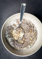 Yogurt with hemp seeds, honey and chia seeds