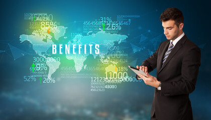 Businessman in front of a decision with BENEFITS inscription, business concept