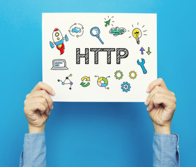HTTP text on a white poster on a blue background
