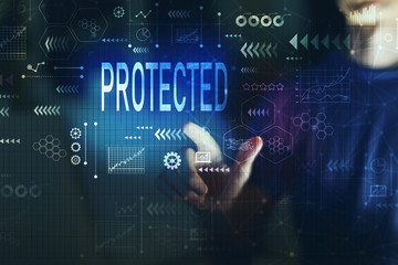 Protected with young man touching screen at night