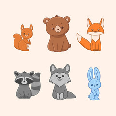 Cartoon forest animal - bear, fox, wolf, raccoon, squirrel, hare. Cute character for children. Cartoon illustration in cartoon style. Animal alphabet.