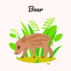 Cartoon boar cub on grass, cute character for children. Vector illustration in cartoon style for prints, clothing and postcards.