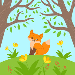 Fox sitting in forest, cute character for children. Good illustration in cartoon style for prints, clothing and postcards.