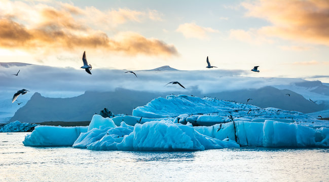 Travel concept. Beautiful sunset over the famous glacier lagoon  Jokulsarlon, view of icebergs floating. Location: Jokulsarlon glacier lagoon, Iceland. Artistic picture. Beauty world.