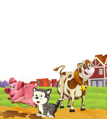 cartoon scene with cat having fun on the farm on white background - illustration for children