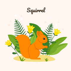Cartoon squirrel on grass, cute character for children. Cute illustration in cartoon style for prints, clothing and postcards.