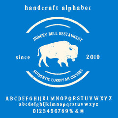 Hand drawn vintage retro font. Outdoor advertising of American restaurants and eateries inspired typeface. Textured unique brush script style alphabet. Letters and numbers. Vector Illustration.