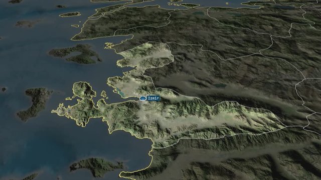 Izmir - province of Turkey with its capital zoomed on the satellite map of the globe. Animation 3D