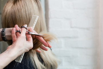 Hairdresser doing haircut. Professional hairdresser scissors, brush on workplace. Professional Hairdresser tools, equipment. Hairdresser service. Beauty salon service. Close up with space for text.