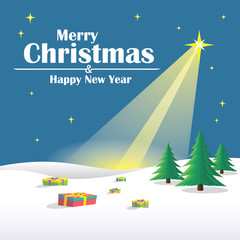 Merry Christmas Landscape. Christmas winter night landscape with star, gifts, snow and xmas tree. Vector winter background.