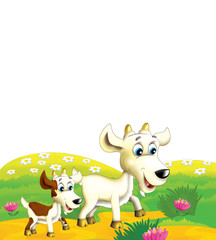 Cartoon farm scene with animal goat having fun on white background - illustration for children
