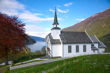 Fototapeta na wymiar CHurch of Arnafjord at Sognefjord in Norway