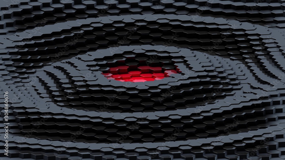 Poster black hexagonal array with red center - 3d render
