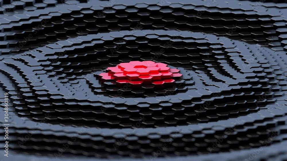 Aufkleber black hexagonal array with red center 3d render