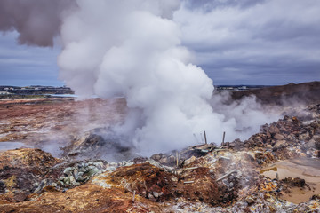 Hot springs Gunnuhver located on a large geothermal area of Reykjanes Peninsula in Iceland