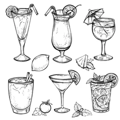 Foto op Plexiglas Sketch cocktails and alcohol drinks set. Hand drawn illustration. Martini, bloody mary, margarita, tequila, cosmopolitan, mojito, pina colada and other. Set 2. © Oleksandra