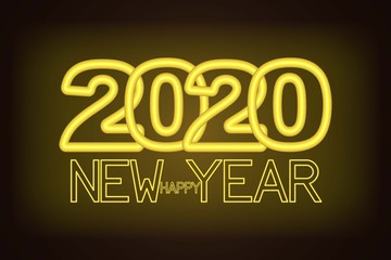 Happy new year 2020 golden neon text design pattern, vector illustration for calendars on dark background