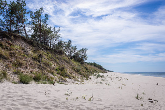 Empty Beach With San Dune Over Baltic Sea Located Between Villages Of Mrzezyno And Pogorzelica In Poland