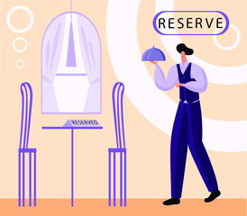 Vector illustration of waiter carrying tray to empty table. Concept table reservation in restaurants, cafes, bars. Can be used for web design, business cards, leaflets, banners, and other.