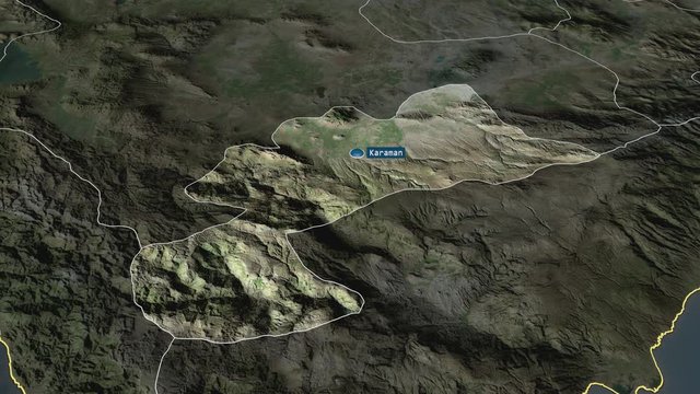 Karaman - province of Turkey with its capital zoomed on the satellite map of the globe. Animation 3D