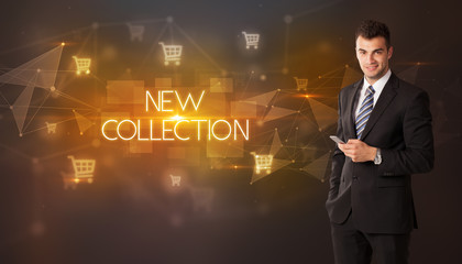 Businessman with shopping cart icons and NEW COLLECTION inscription, online shopping concept
