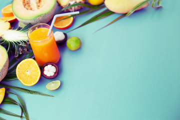 tropical exotic juicy fruits background topview