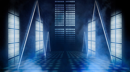 Empty background scene. Dark street reflection on the wet pavement. Rays neon light in the dark, neon figures, smoke. Night view of the street, the city. Abstract dark background. Abstract spotlight. 