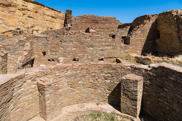 Stone walls of ancient ruins in Chaco Canyon, New Mexico, USA