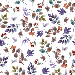 Watercolor pattern with leaves and berries