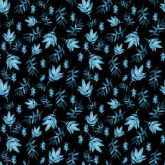 Watercolor pattern with blue leaves and flowers on a black background.