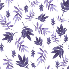 Watercolor pattern with lilac leaves on a white background.