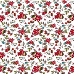 Watercolor pattern with red rowan berries