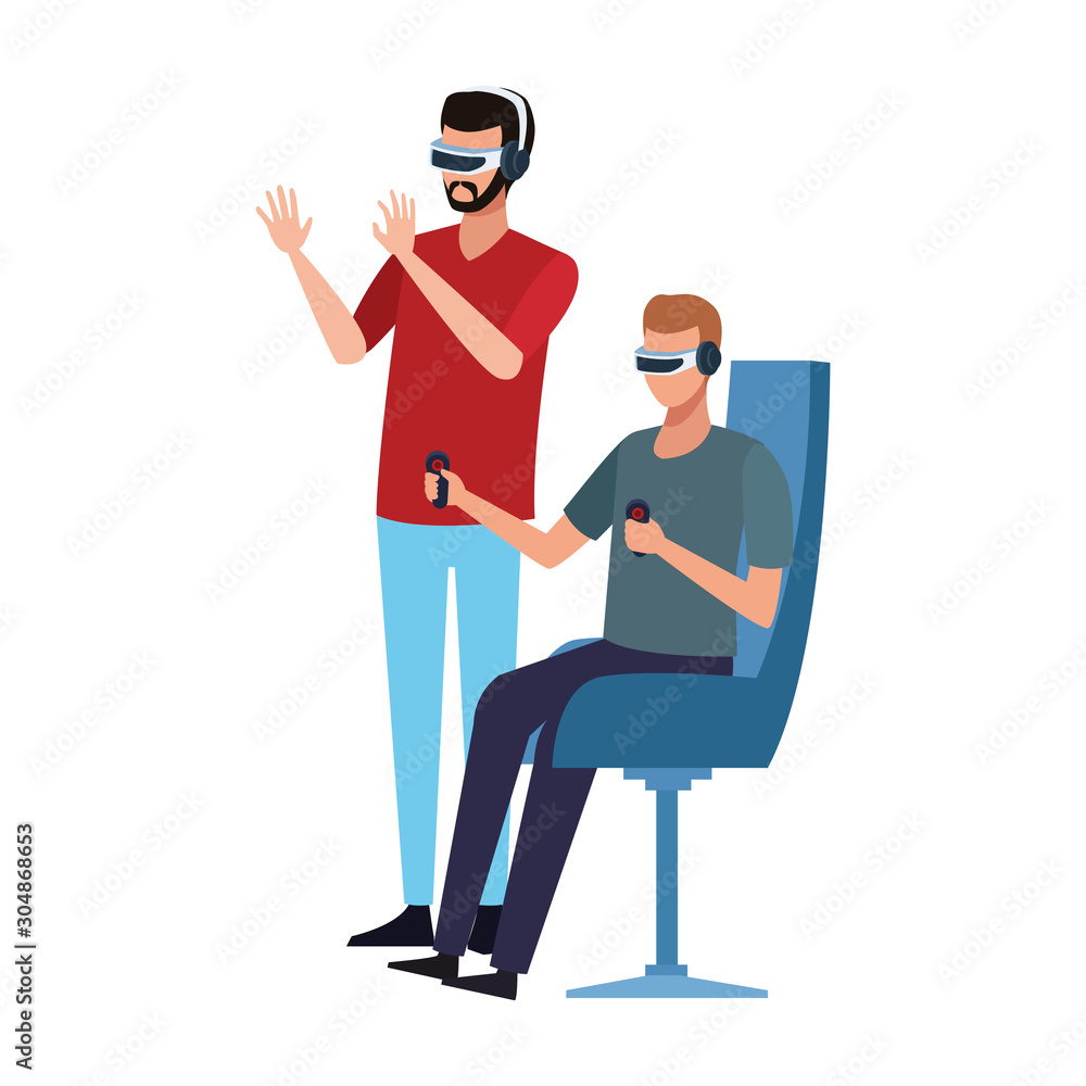 Poster men using technology of augmented reality vector design