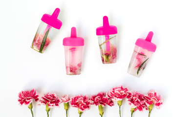 Recipe of youth, face care treatment, ice cubes in form of ice cream with herbs and carnation pink flowers isolated on white background. Flat lay, top view, copy space. Beauty therapy products concept