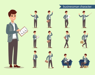 Fototapeta premium Businessman character set. Animate character. Male personage constructor. Different man postures. Vector set personage.