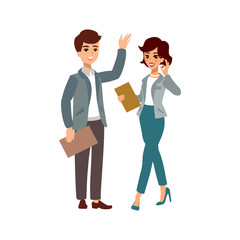 Businesswoman and businessman. Animate character. Female and male personage. Different woman and man postures. Vector personage.