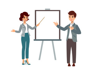 Businesswoman and businessman. Animate character. Female and male personage. Different woman and man postures. Vector personage.