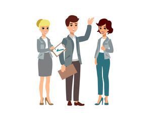 Businesswoman and businessman. Animate character. Female and male personage. Different woman and man postures. Vector personage.