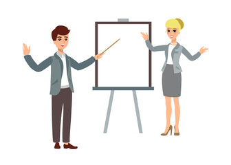 Businesswoman and businessman. Animate character. Female and male personage. Different woman and man postures. Vector personage.