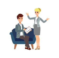 Businesswoman and businessman. Animate character. Female and male personage. Different woman and man postures. Vector personage.