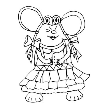 Cute cartoon rat wearing dress and bows. Isolated object on white background. Funny vector illustration for coloring book and for winter decor, symbol of year 2020.