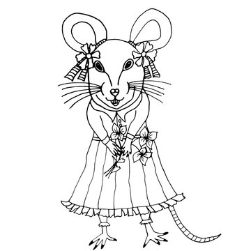 Cute cartoon rat wearing dress and bows holding a bouket of flowers isolated on white. Funny vector illustration for coloring book and for winter holidays decor. Symbol of year 2020.