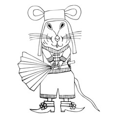Cute cartoon rat wearing suit male holding a large chinese fan. Isolated object on white background. Funny vector illustration for coloring book and for winter decor, symbol of year 2020.