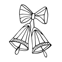Freehand drawing ink holiday bells with bow for Christmas and New Year decoration. Cute outline of bell isolated on white.