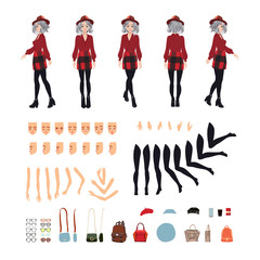 Animate character. Young lady personage constructor. Different woman postures, face, legs, hands, accessories collection. Vector cartoon person. Girl with gray hair in a plaid red skirt.
